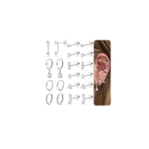 MILACOLATO Hypoallergenic Flat Back Earrings Silver Plated Cartilage Earring Sets for Multiple Piercing 20G Surgical Stainless Steel Earrings for Women Trendy Earring Stacks Small Hoop Flatback Stud Earrings S