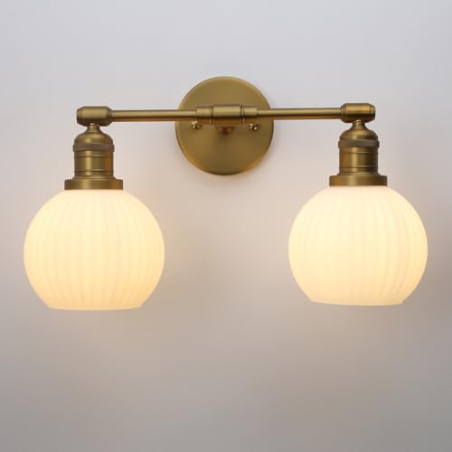 Image of Vintage 2-Lights Wall Sconce with Milk White Glass Globe Shade, Hardwired Indoor Double Arm Wall Light Fixture for Bathroom Vanity Living Room Bedroom