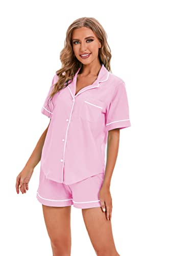 LUBOT 100% Cotton Pajamas for Women 2 Piece PJ Set Button-Down Soft Knit Short Sleeve Summer Sleepwear Loungewear XS-XXL2