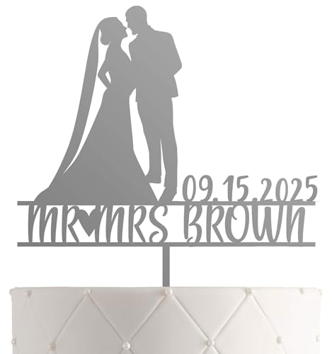Personalized Wedding Cake Topper With Customized Bride and Groom Last Name or Marriage Date for Mr Mrs (Rustic Silver)