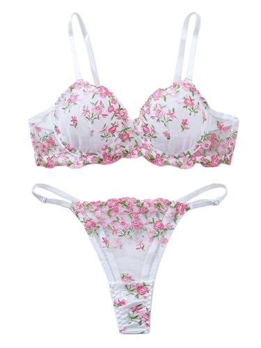 Image of Sexy Floral Embroidered Flower Mesh Underwire Push Up Lingerie Set