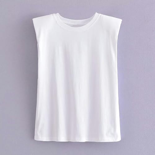 Camiseta sin Mangas versátil con Cuello Redondo para Mujer Nueva de Verano con hombreras-Blanco-L