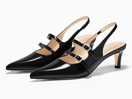 Image of Coutgo Womens Slingback Kitten Heels Mary Jane Pumps Closed Pointed Toe Buckle Strap Wedding Dress Shoes