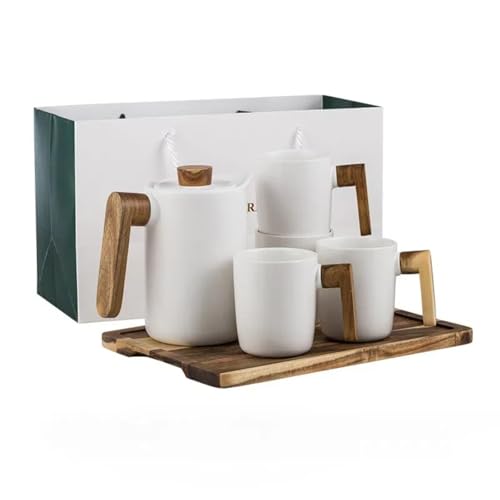Venta directa del fabricante, juego de tetera y taza de agua fría de cerámica de gran capacidad con mango de madera nórdica, creativa, for el hogar, color , individual/777(White Teapot and Cup Set)
