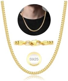 18K Real Gold Over 925 Sterling Silver Chain for Men, 4mm Miami Mens Cuban Link Chain Necklace, Hip-Hop & Cool Men's Chain Necklace, 16/18/20/22/24/26 Inch
