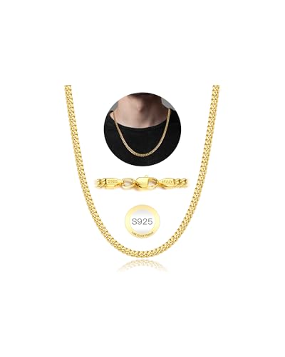 18K Real Gold Over 925 Sterling Silver Chain for Men, 4mm Miami Mens Cuban Link Chain Necklace, Hip-Hop & Cool Men's Chain Necklace, 16/18/20/22/24/26 Inch