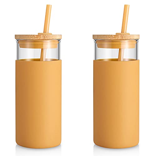 Tronco 20 oz Glass Tumbler with Lid and Straw, Iced Coffee Cup and Smoothie Cup with Bamboo Lids & Protective Silicone Sleeve, Dishwasher Safe, BPA-Free, Glass Cup 1 Pack