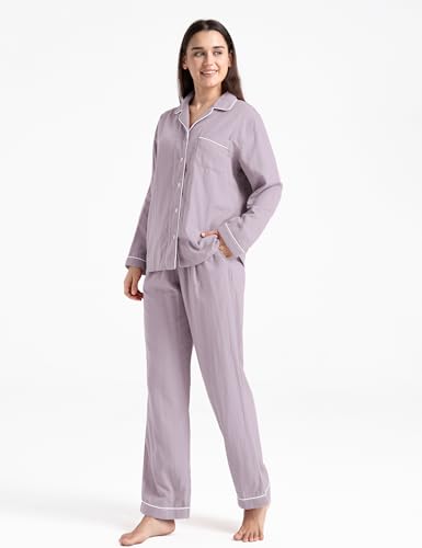 Image of Womens Muslin Pajama Set 100% Cotton Double Gauze Linen Like | Breathable Soft Comfort Button Up Loungewear Sleepwear PJ Set
