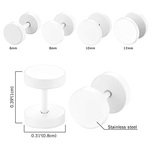 4 Pairs Unisex 6-12MM Stainless Steel Stud Earrings Set,Cupimatch Ear Piercing Plugs Faux Gauges Illusion Tunnel Screw Earrings, White3