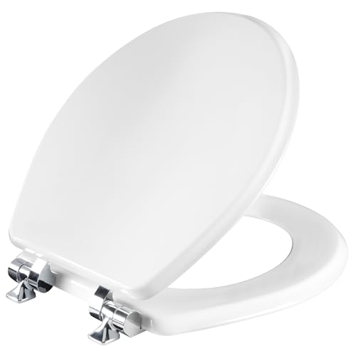 Mayfair Bennett Toilet Seat with Chrome Hinges, Slow Close Wood Seat, Secure Metal Hinges, Easy Install, Made in USA, Round, White