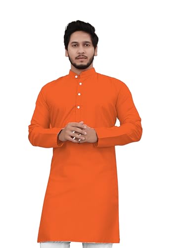 Image of Cotton Blend Full Sleeve Long Plain Kurta for Men