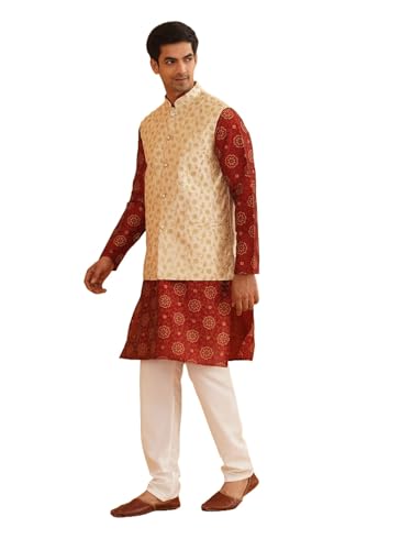 Image of SOJANYA (Since 1958 Men's Silk Blend Maroon Kurta & Off White Pyjama with Beige Nehru Jacket