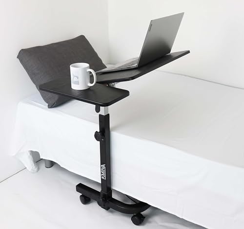 KMINA - Overbed Table with Wheels Adjustable Height, Wheelchair, Tilt Top Bedside, Hospital Over Bed, Home Use (Black)