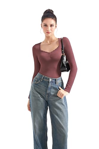 Image of SUUKSESS Women Sweetheart V Neck Long Sleeve Tops Lace Trim Ribbed Modal Fall Going Out Shirts