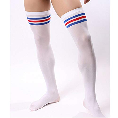 Wixine 2Pairs/4Pcs Red & Blue Stripes Men Soccer Thigh Stocks High Stockings Velvet Sport Striped Long Socks (Red & Blue)2