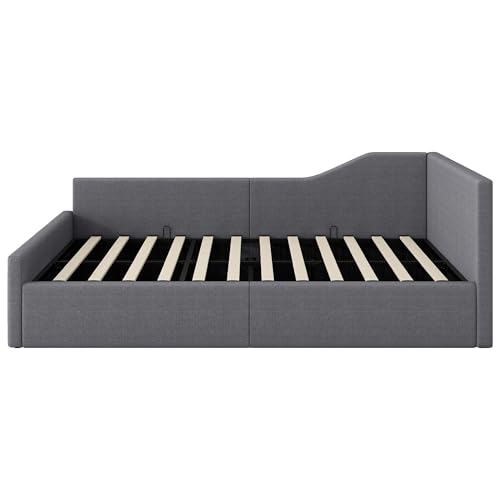 Dolamaní Hydraulisch Stauraumbett Eckbett 140x200 mit Lattenrost aus Holz, Doppelbett Leinen Polsterbett Tagesbett Gästebett für Kinder Jugendliche und Erwachsene, ohne Matratze (Grau)