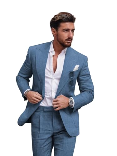 Men's Linen Suit 2 Piece Slim Fit Suit Summer Beach Wedding Suit Groosmen Prom Tuxedo Linen Blazer Pants Set