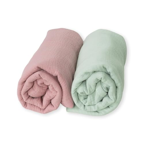 Lote de 2 Bajeras Muselina Algodón Orgánico para Cuna | 60x120, 70x140 cm, 80x130 |, Minicuna 80x50 y Capazo/Coche 80x40 Fabricado en España. (Rosa/Menta, Maxicuna 80x130)