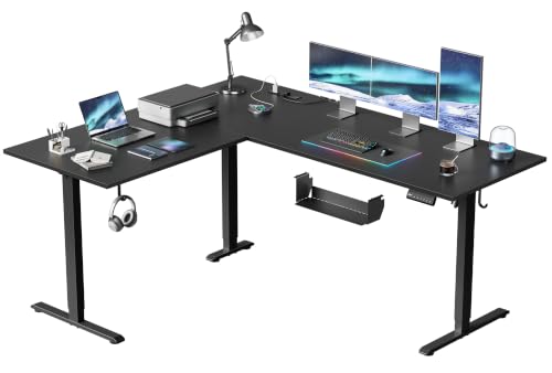 Image of 63 Inch L Shaped Electric Standing Desk, Corner Workstation, Black | 3 AC outlets, 2 USB ports, cable tray, cord clips, 3 memory presets, anti-collision and 176 lb capacity for home office.