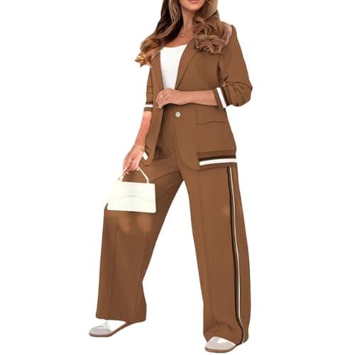 2025 Temperament Solid Color Ribbed Suit Set Blazer and High Rise Straight Leg Pants Sets Women's 2 Piece Set Lapel Blazer