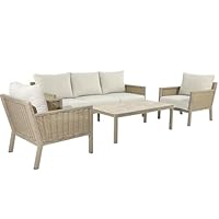 DRW Sofa-Set, Couchtisch und 2 Sessel aus Aluminium und Rattan in Beige und Natur, Sessel 75 x 85 x 75 cm, Sofa: 165 x 85 x 75 cm, Tisch: 90 x 60 x 44 cm