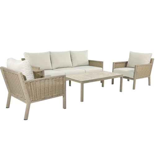 DRW Sofa-Set, Couchtisch und 2 Sessel aus Aluminium und Rattan in Beige und Natur, Sessel 75 x 85 x 75 cm, Sofa: 165 x 85 x 75 cm, Tisch: 90 x 60 x 44 cm