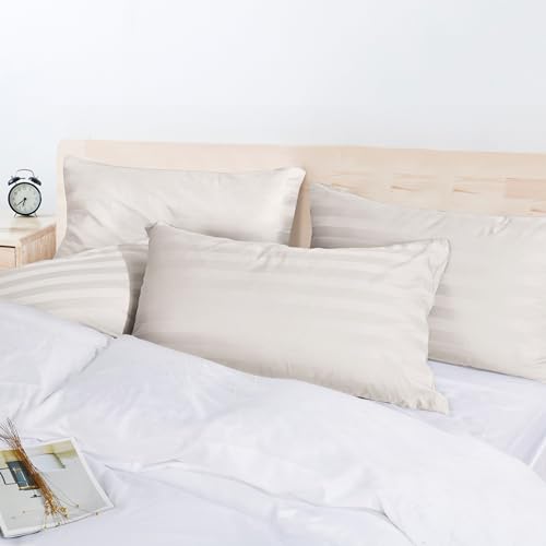 Image of 100% Egyptian Cotton Pillow Protectors Set of 4, 600 Thread Count Bed Pillow Cases with Zipper, Sateen Weave Cooling Pillow Cases Quiet and Breathable Easy Care(4PCS, Striped Light Beige)