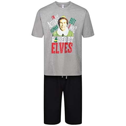 Mens Christmas Short Pyjamas The ELF Xmas 2PC PJ Set Night WEAR (Grey - The Elf - Raised by Elves - XL) Cover