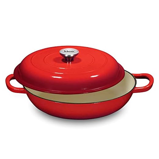 Klee 3.8 Quart Red Casserole Dish with Lid - Enameled Porcelain Coated Cast Iron Cookware Used as Braising Pan, Baking Pan, Saucepan, Frying Pan, and More - 3.8 Quart Capacity, 12 Inches