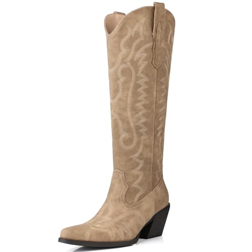 Image of Knee High Cowgirl Boots Women Wide Calf Rhinestones Cowboy Boots Lady Pointed Toe Chunky Heel Embroidered Sparkly Boot With Side Half Zip Country Sparkle Boot Size 6-11