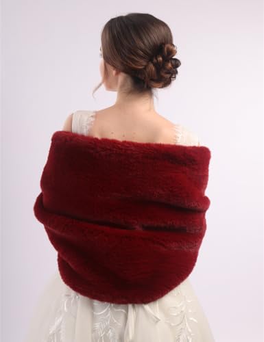 Aimimier Bridal Faux Fur Wrap Wedding Fur Stole with Brooch Evening Party Warm Shrug Cape for Women(Red)4