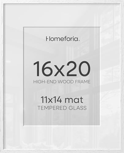 Image of Homeforia 16x20 White Picture Frame, High End Oak 16x20 White Wood Frame with Mat 11x14 Photo, 16 x 20 Wooden Poster Frames Matted to 11 by 14, 20x16 Hanging Frames, Tempered Glass, Wall Kit, Set of 2