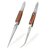 AAProTools Stainless Steel Straight Tweezers With Reverse Wooden Handle Tweezers Bent and Straight Reverse Action for Electronics Jewelry-Making Laboratory Hobby 1set