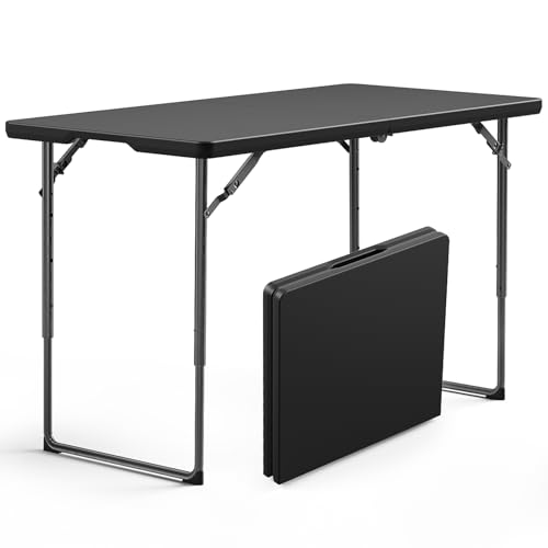 Image of Folding Table, 4 Foot Folding Picnic Table with Adjustable Height, Heavy Duty Folding Portable Table for Weddings, Camping, RV Travel, Parties, BBQs and Indoor Use, Easy to Fold and