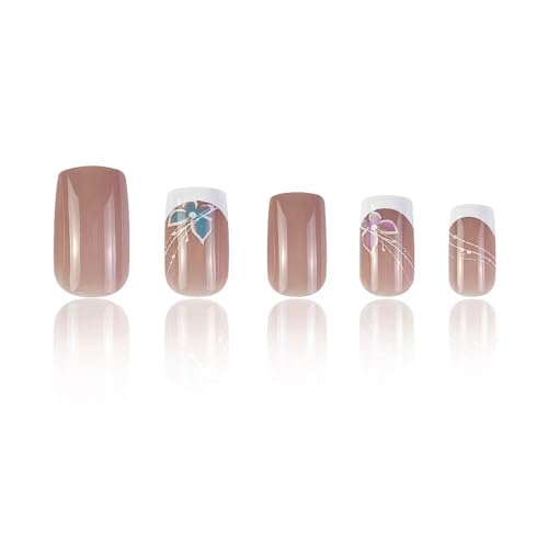 Image of Butterfly Press on Nails White French Tip Fake Nails Short Square False Nail with Design Rhinestone Glue on Nails Artificial Acrylic Full Cover Nude Stick on Nail for Women Manicure 24pcs
