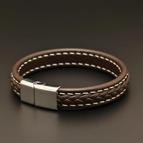 Image of THE MEN THING Leather Bracelet for Men - American Style Genuine Leather Multi-Layer Braided Bracelet with 100% Stainless Steel Magnetic Buckle for Men & Boys (8 inch)