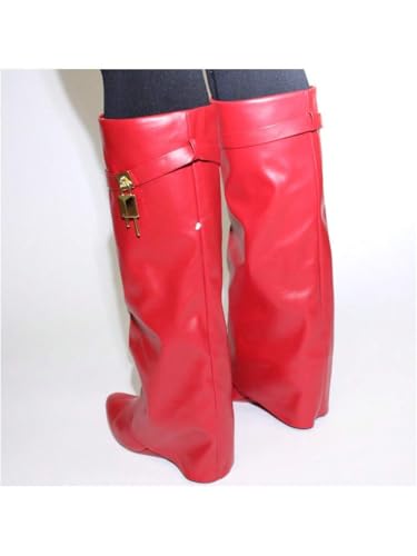 Liliana Women Fold Over Knee High Boots Wedge Heel Padlock Pull-on Boots MUTTO-14