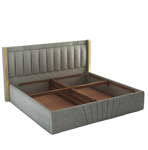 Image of MAMTA DECORATION Upholstered Queen Size Bed with Box Storage for Bedroom Furniture Solid Wood Fabric Bed Wooden Double Bed Cot Palang for Home Living Room and Hotels (Grey)