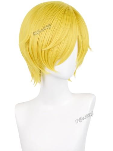 Image of Half and Half Short Blonde Pirate Chef Anime Cosplay Wig for Men Yellow Golden Side Part Male Fighter Costume Wigs for Unisex Women Halloween Party Daily