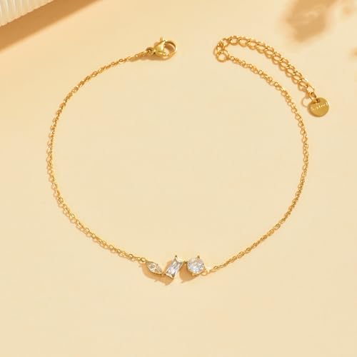 Image of NONAMOIS 18K Gold Plated Diamond Ankle Bracelets for Women Waterproof Gold CZ Pearl Bow Link Chain Anklets Non Tarnish Summer Beach Foot Jewelry Gifts