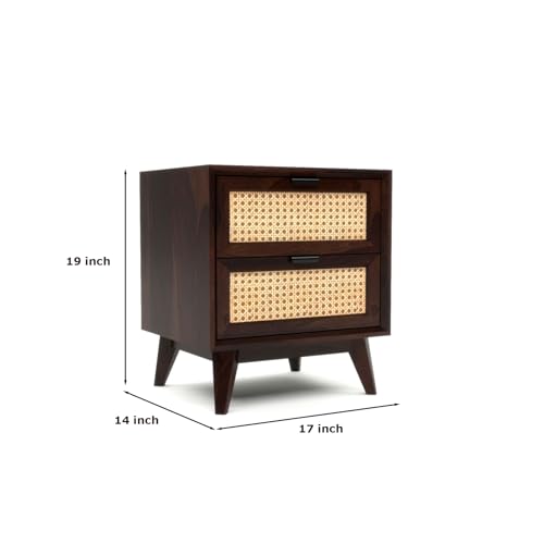 Image of Sheesham Wooden Bedside Table for Bedroom | Wooden Bed Side Nightstand Lamp Table with Drawer Storage for Home & Hotels | Solid Wood Bedside End Table in Rattan- Walnut Finish