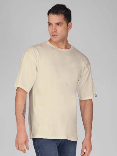 Image of crazymonk Oversized Baggy Fit Drop Shoulder Half Sleeves Round Neck Solid Pure Cotton T-Shirt for Men