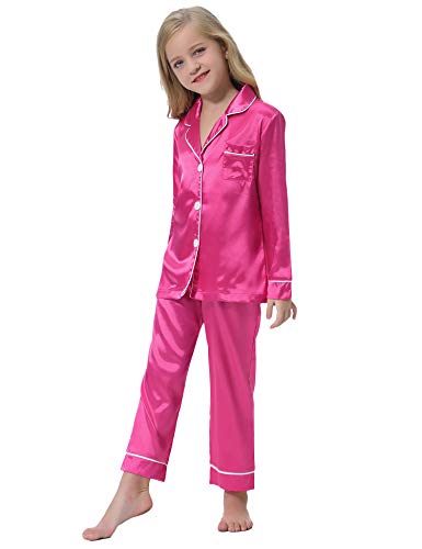 Hawiton Kids Satin Pajamas Set Toddler Girl PJS Long Sleeve Button Satin Loungewear Sleepwear Set with Pocket Rose Red