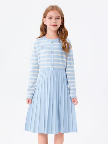 Haloumoning Girls Sweater Dress Knit Long Sleeve Striped A Line Pleated Fall Winter Dresses 5-14 Years3