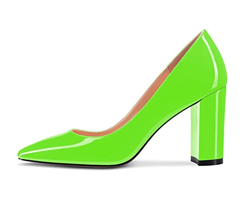 NobleOnly Women High Chunky Block Heel Square Close Toe Slip-on Pumps Classic Cute Dress Shoes 3.3 Inches Heels2