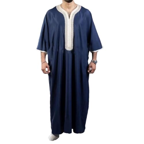 Zadaos Kaftan Muslim Men Short Sleeve Embroidery Loose Breathable Robe Islamic Abaya