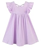 GSVIBK Baby Girls Linen Cotton Dress Halter Flutter Sleeve Casual Dress Toddler Girl Ruffle Sleeve Dress 686 Lavender 120