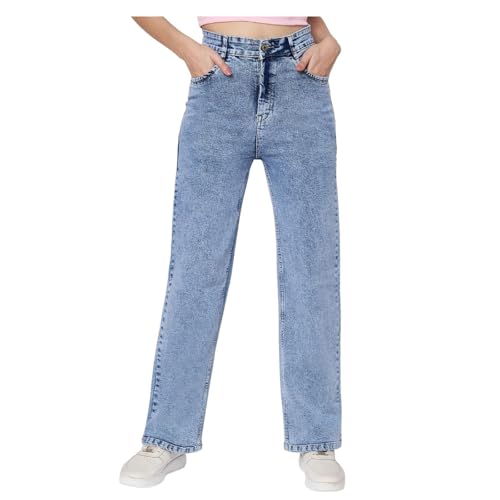 Image of Wide Leg Plain Jeans for Women & Girls I Denim Flared Straight Baggy Pant I Stretchable Comfortable High Waist Clean Look Loose Fit Pants for Office Party Home