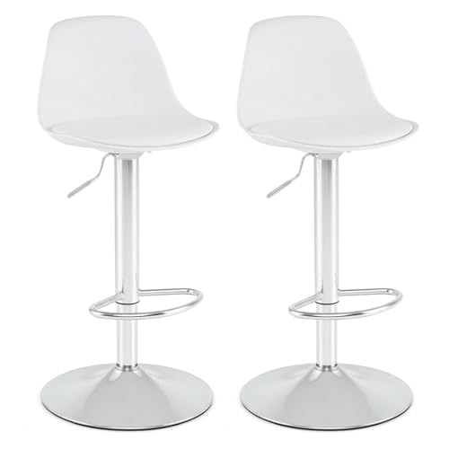 COSTWAY Bar Stools Set of 2, Height Adjustable Swivel Bar Chairs with Faux Leather Seat, Backrest & Footrest, Upholstered Counter High Stools for Home Pub Kitchen Island (White)