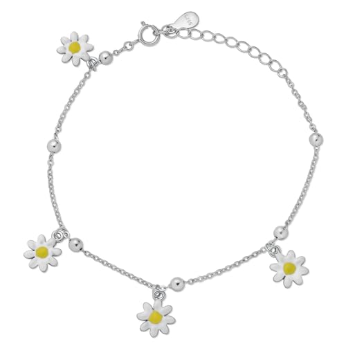 Sterling Silver Daisy Flower Bracelet, 925 Rhodium Plated, 4 Enamel Charms, 1.3 inch Extension